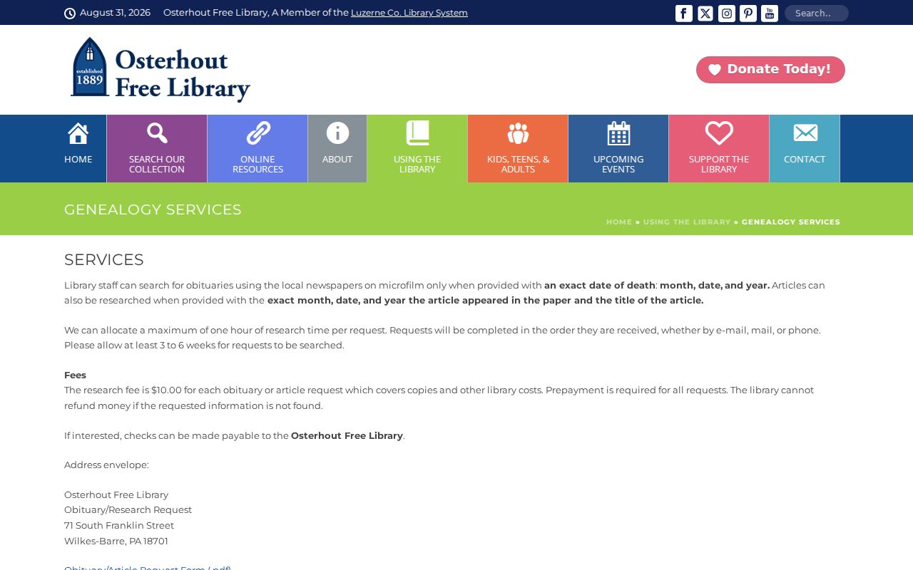 Wilkes-Barre city directory research at Osterhout Free Library genealogy service